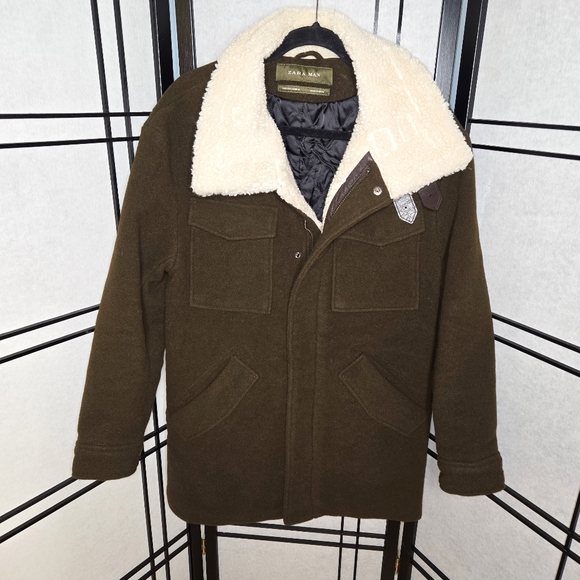 Zara Other - Zara Man Aviator Field Jacket Green Winter Coat Small Shearling Collar WoolBlend